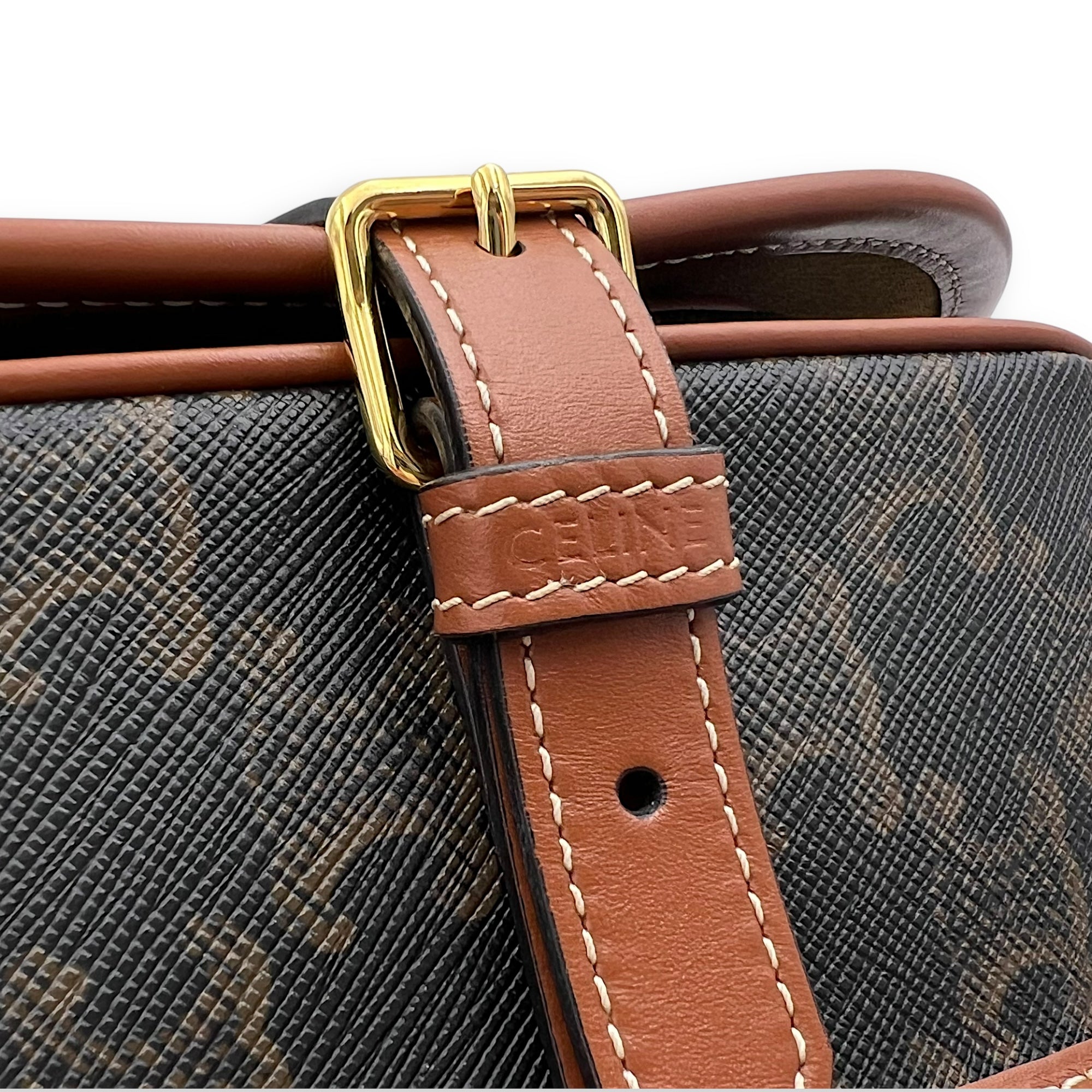 Celine Folco Crossbody Bag Brown in Coated Canvas, Gold hardware_11