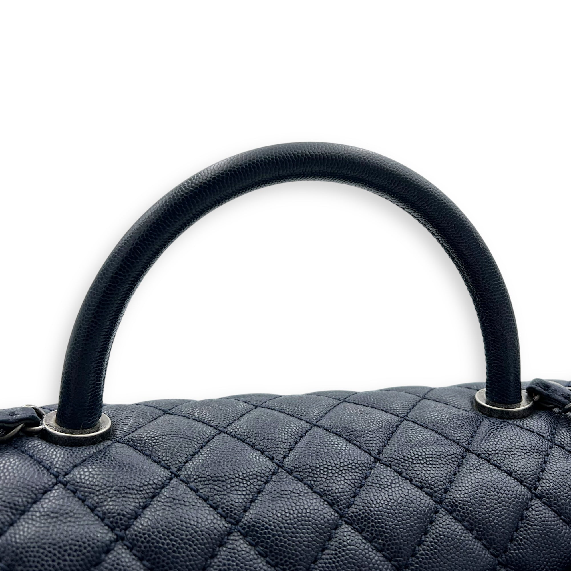 Chanel Coco Handle Quilted Top Handle Bag Blue in Caviar Leather, Silver hardware_11