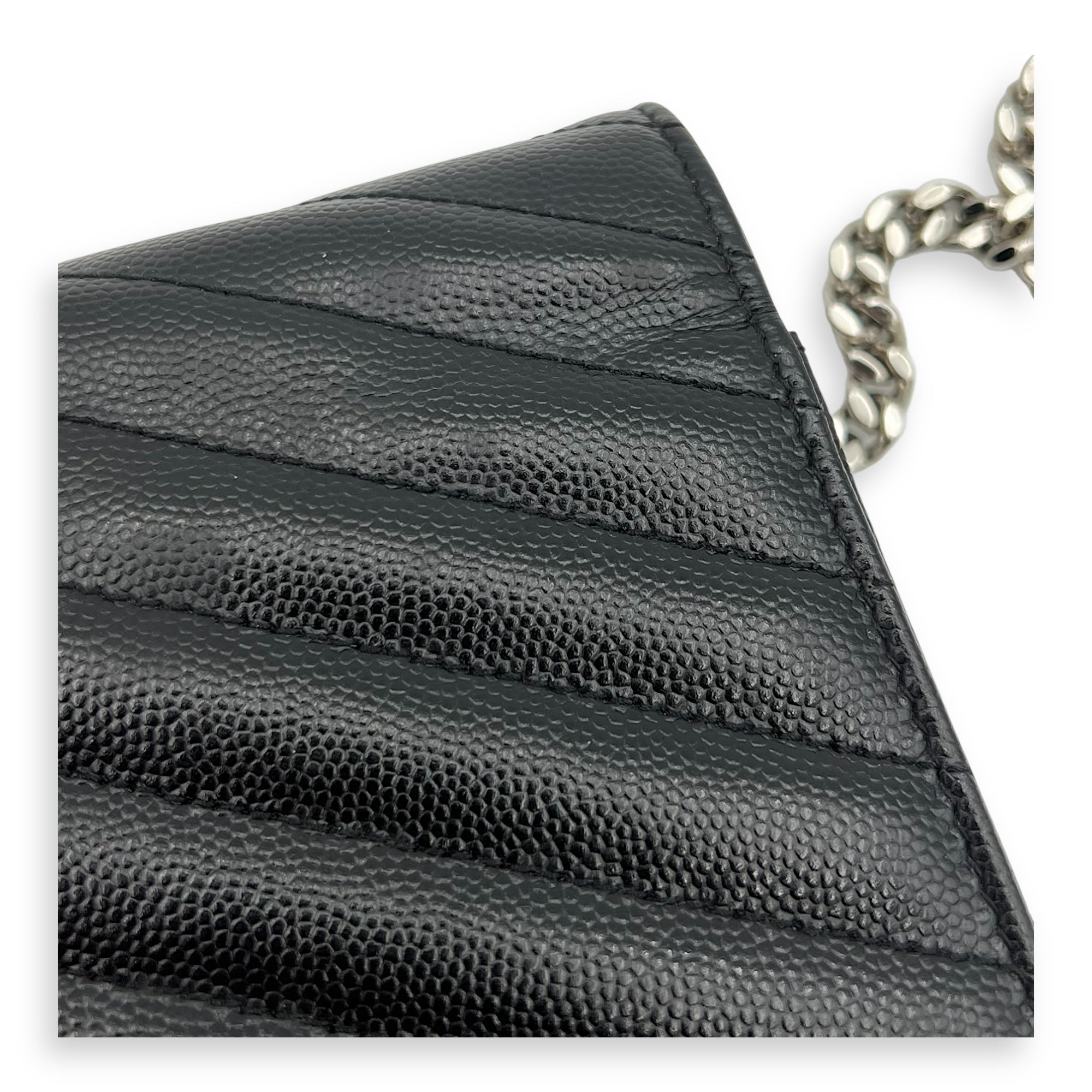 Saint Laurent Cassandre Wallet On Chain Black in Calfskin, Silver hardware_1