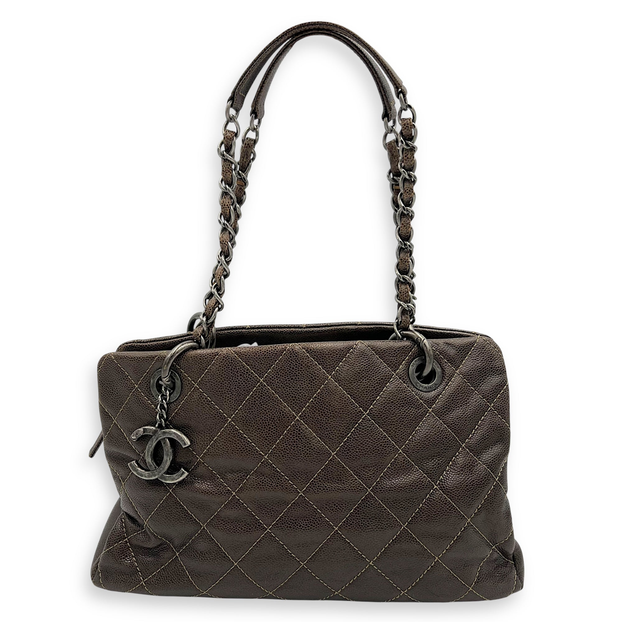 Chanel Quilted Wildstitch Tote Bag Brown in Caviar Leather, Silver hardware_9