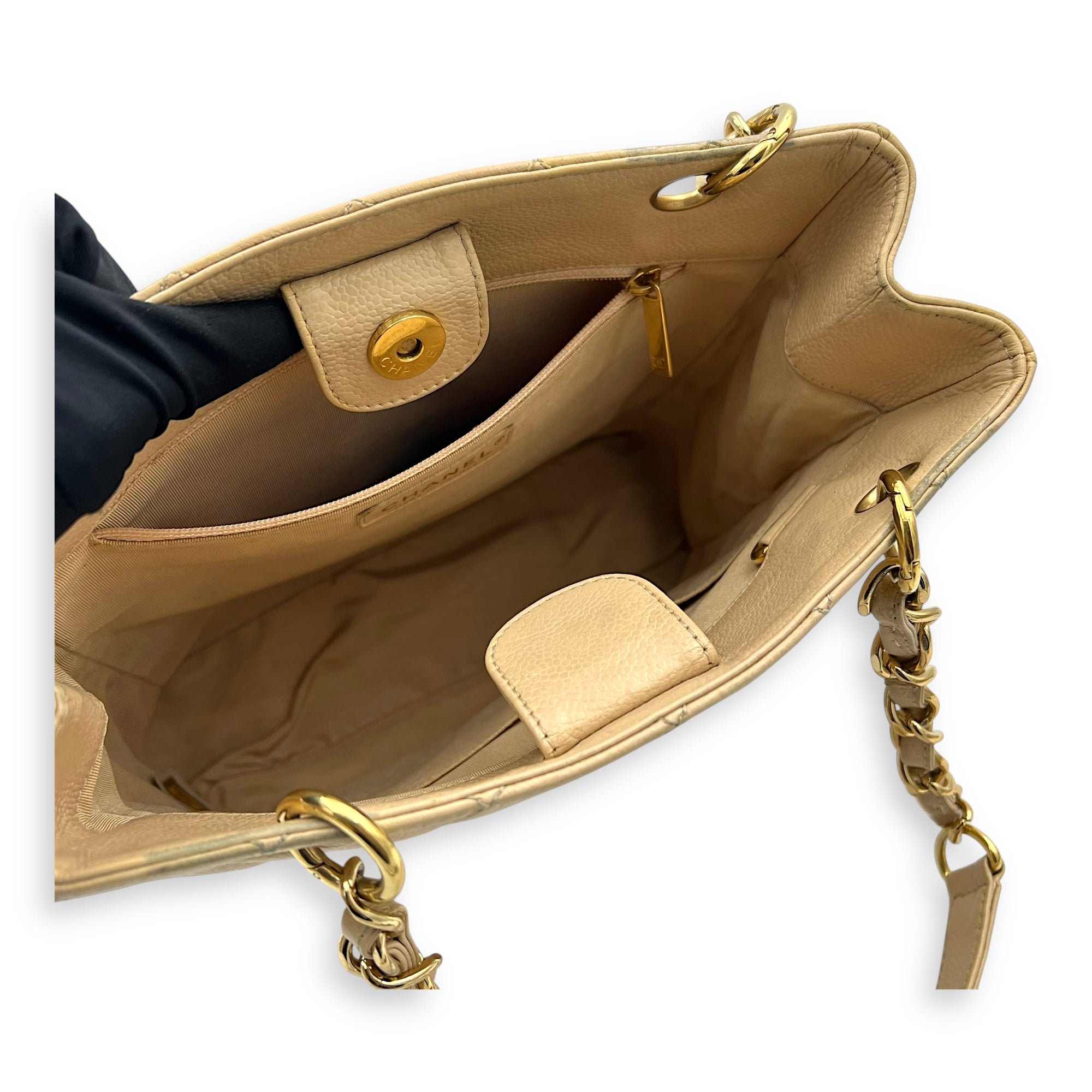 Chanel PST Tote Bag Beige in Caviar Leather, Gold hardware_11