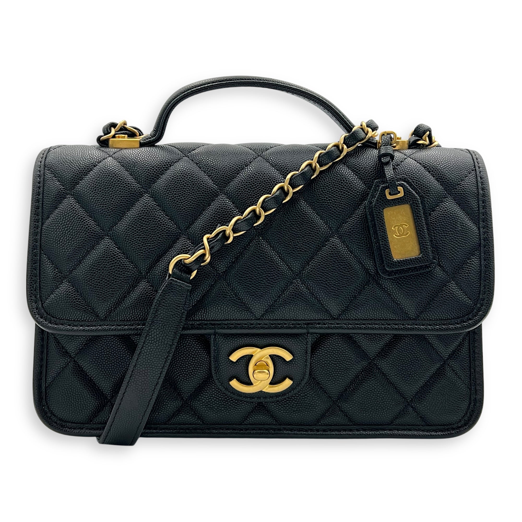 Chanel CC Quilted Top Handle Bag Black in Calfskin, Gold hardware_11
