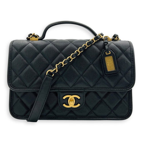 Chanel CC Quilted Top Handle Bag Black in Calfskin, Gold hardware_11
