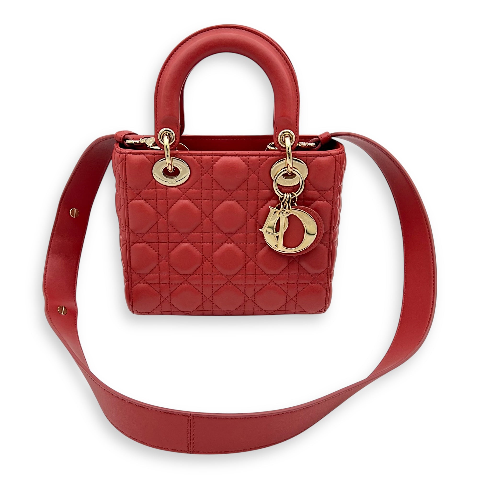 Dior Lady Dior Small Red Top Handle Bag in Lambskin, Gold hardware_4