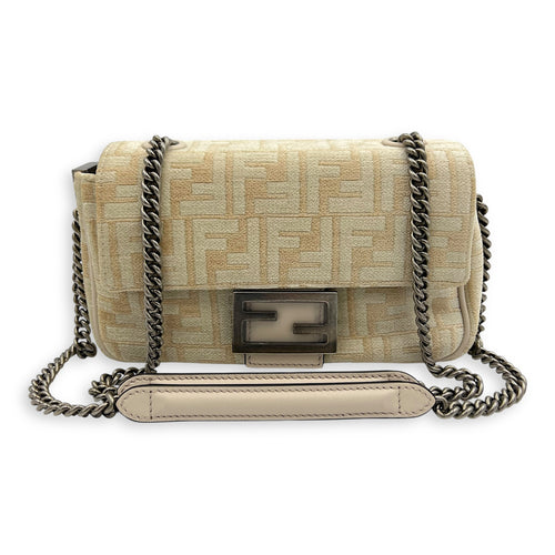 Fendi Baguette Shoulder Bag Beige in Velvet, Silver hardware_9
