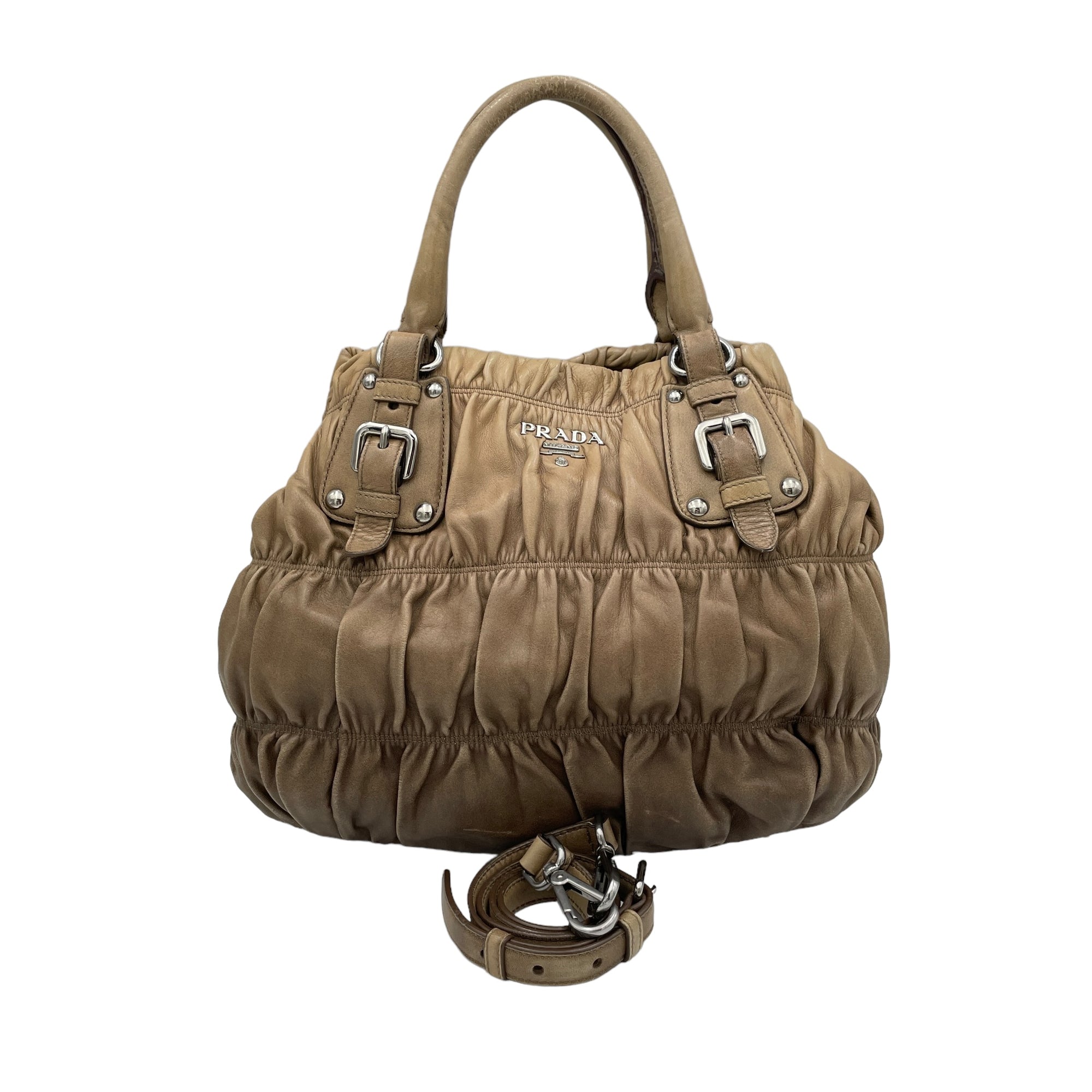 Gaufre Brown Top Handle Bag in Lambskin, Silver hardware