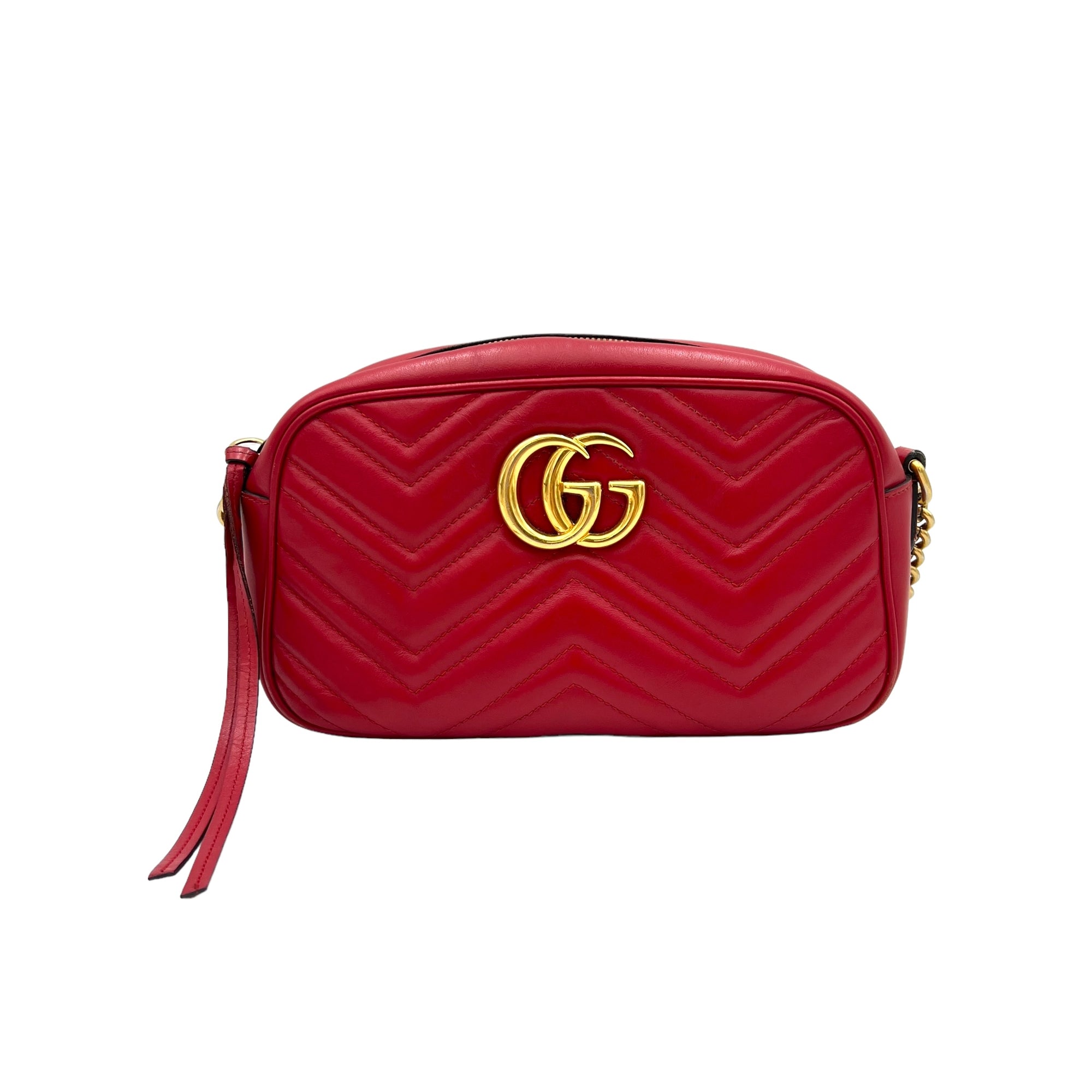 GG Marmont Small Red Crossbody Bag in Calfskin, Gold hardware