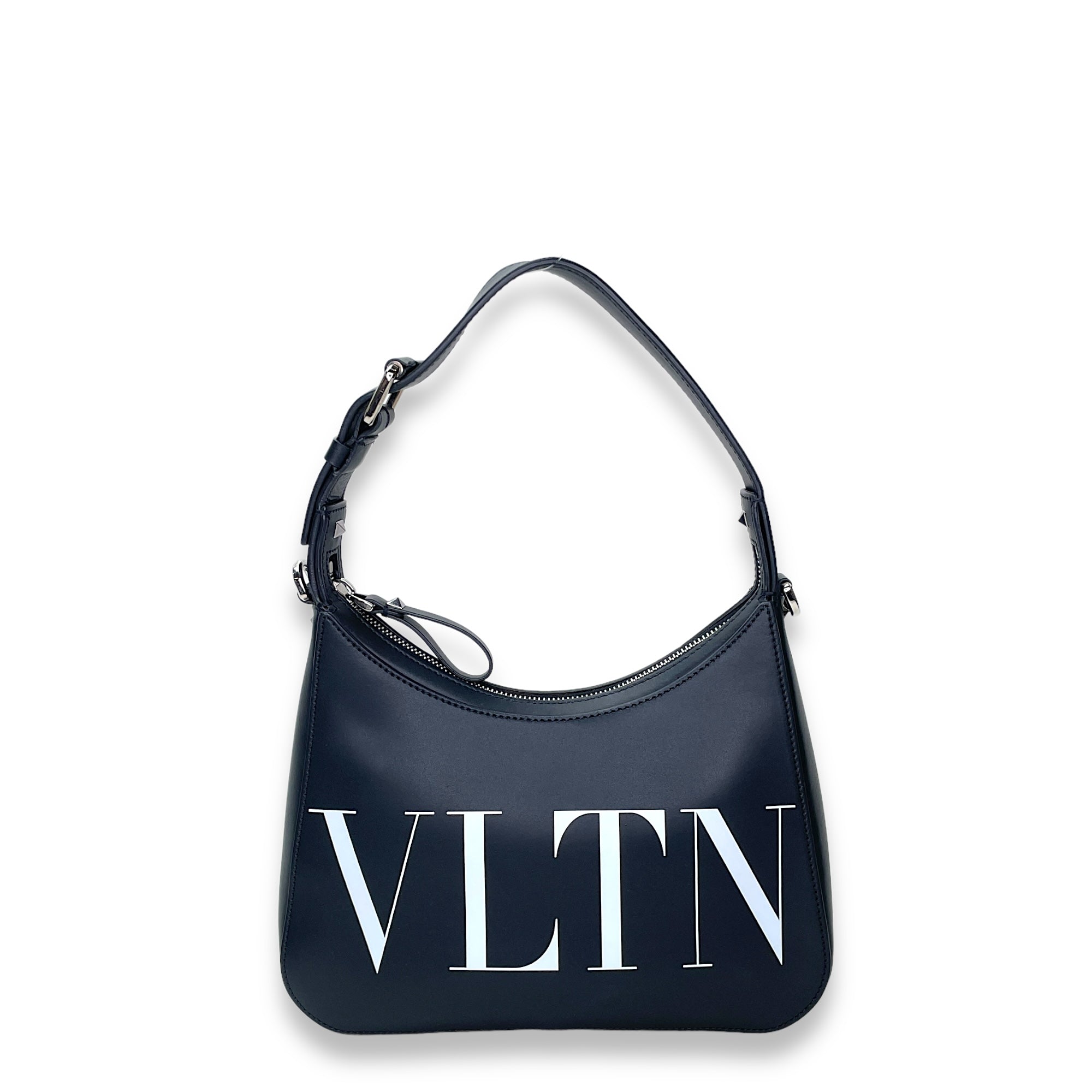 VLTN Hobo Small Black Shoulder Bag in Calfskin, Silver hardware