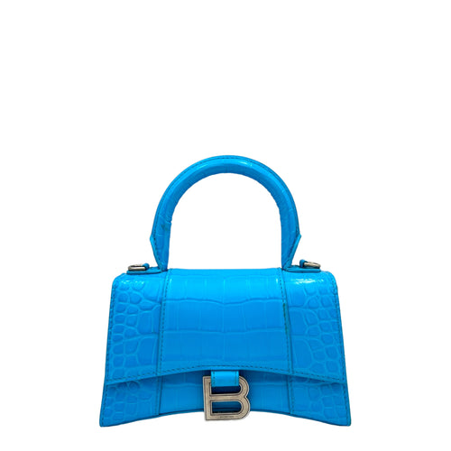 Hourglass XS Blue Top Handle Bag in Calfskin, Silver hardware