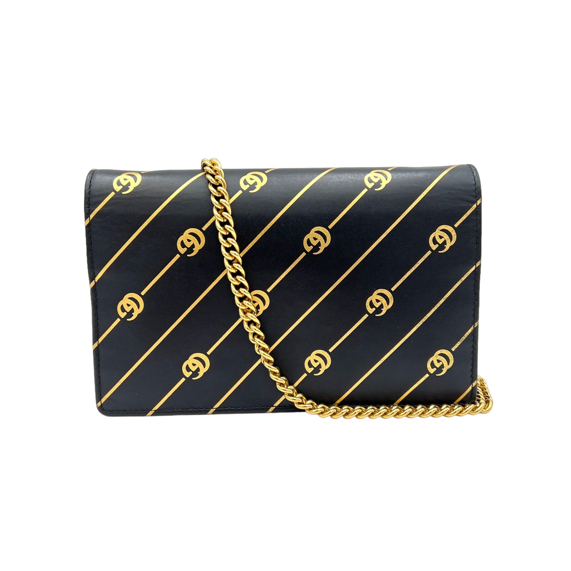 GG Black Wallet On Chain in Calfskin, Gold hardware