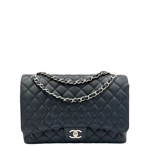 Classic Maxi Black Shoulder Bag in Caviar Leather, Silver hardware