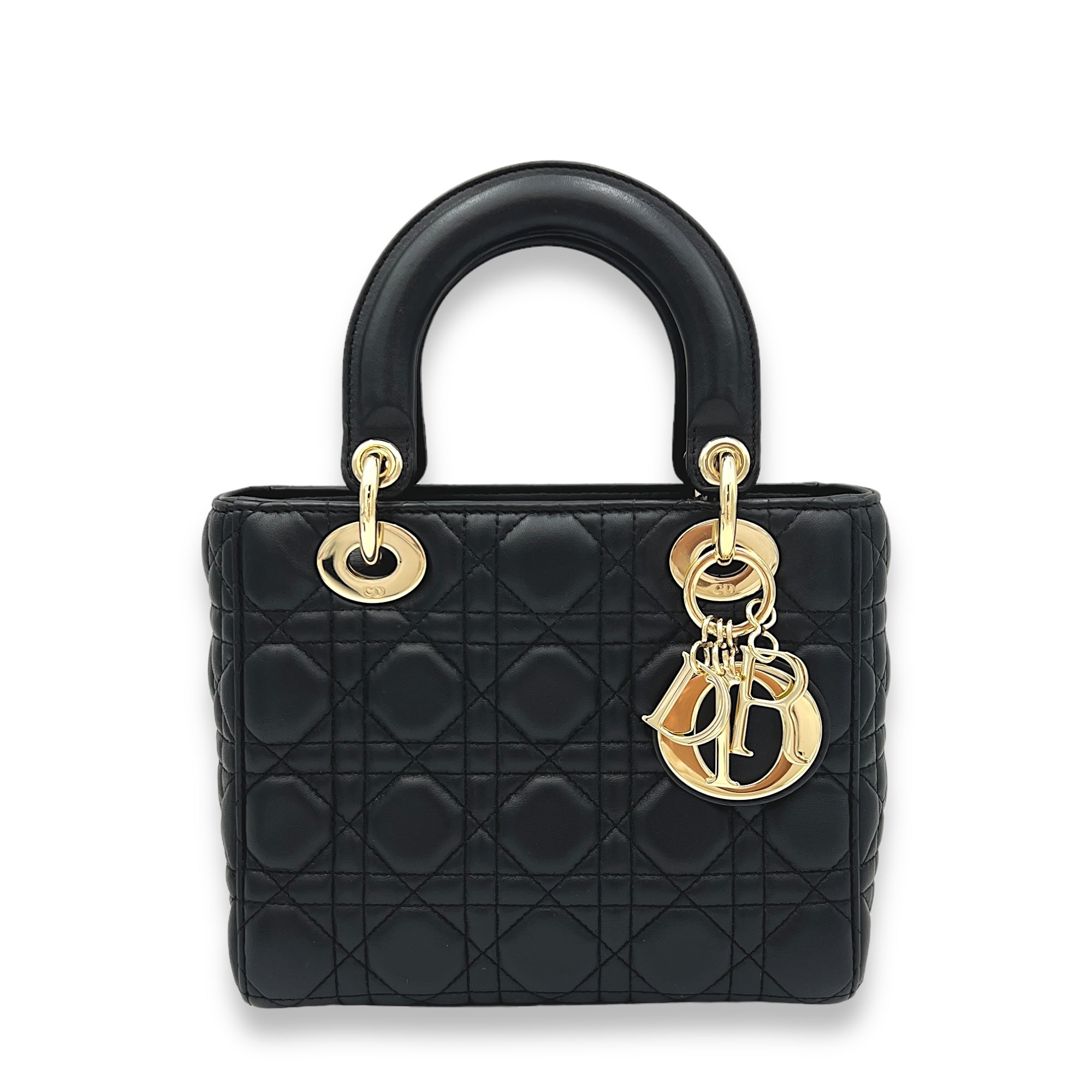 Lady Dior Small Black Top Handle Bag in Lambskin, Light Gold hardware