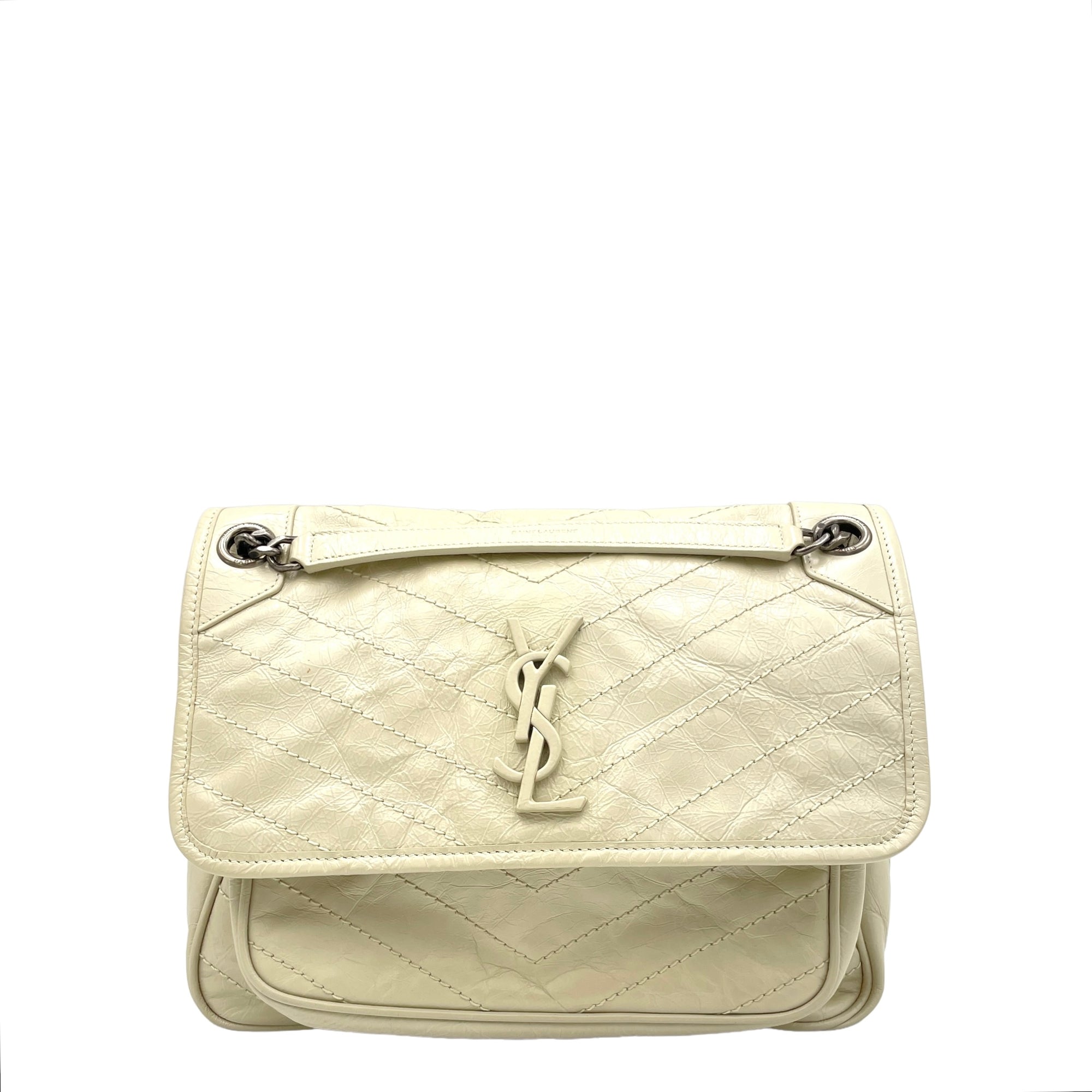 Niki Medium Cream Shoulder Bag in Distressed Leather, Ruthenium hardware