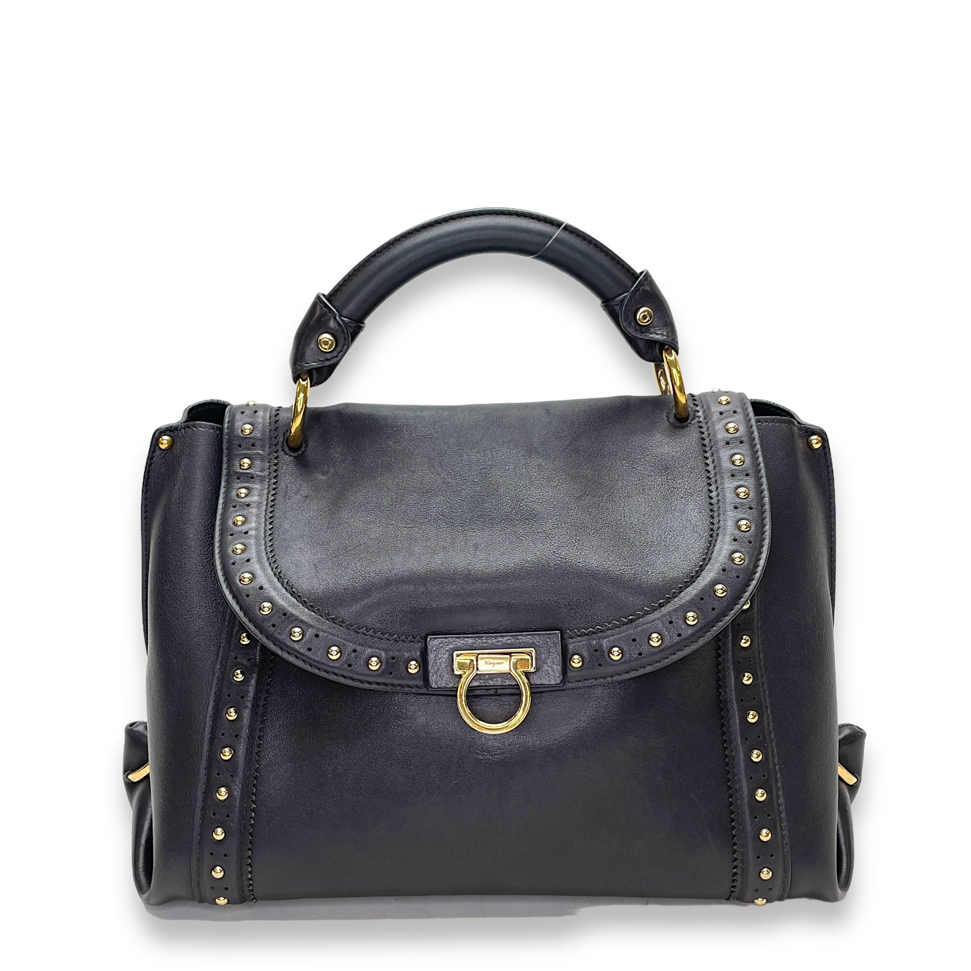 Gancini Top Handle Bag Black in Calfskin, Gold hardware