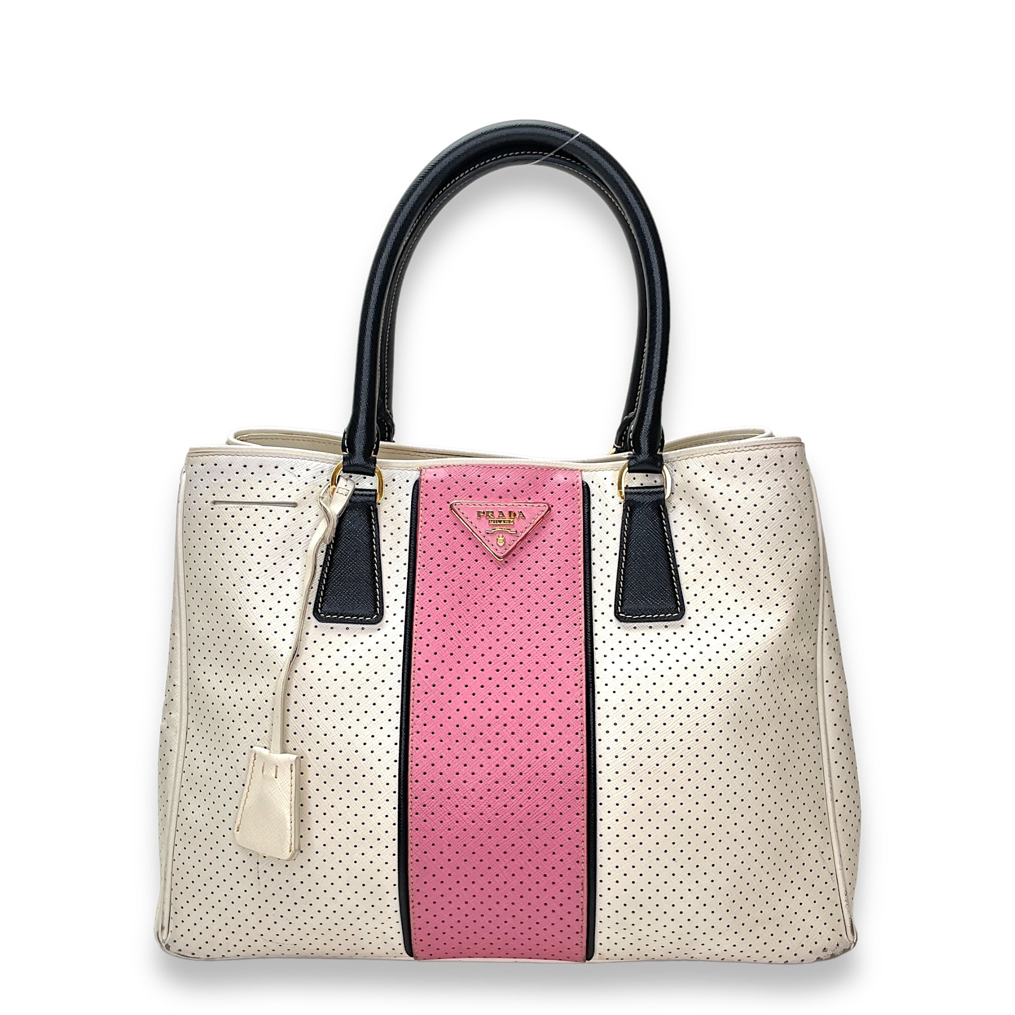 Perforated Galleria White Top Handle Bag in Calfskin, Gold hardware