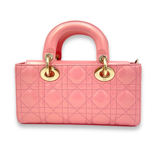 Lady D-Joy Small Pink Top Handle Bag in Patent Leather, Gold hardware