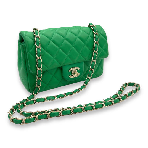 Classic Mini Rectangular Green Crossbody Bag in Lambskin, Gold hardware