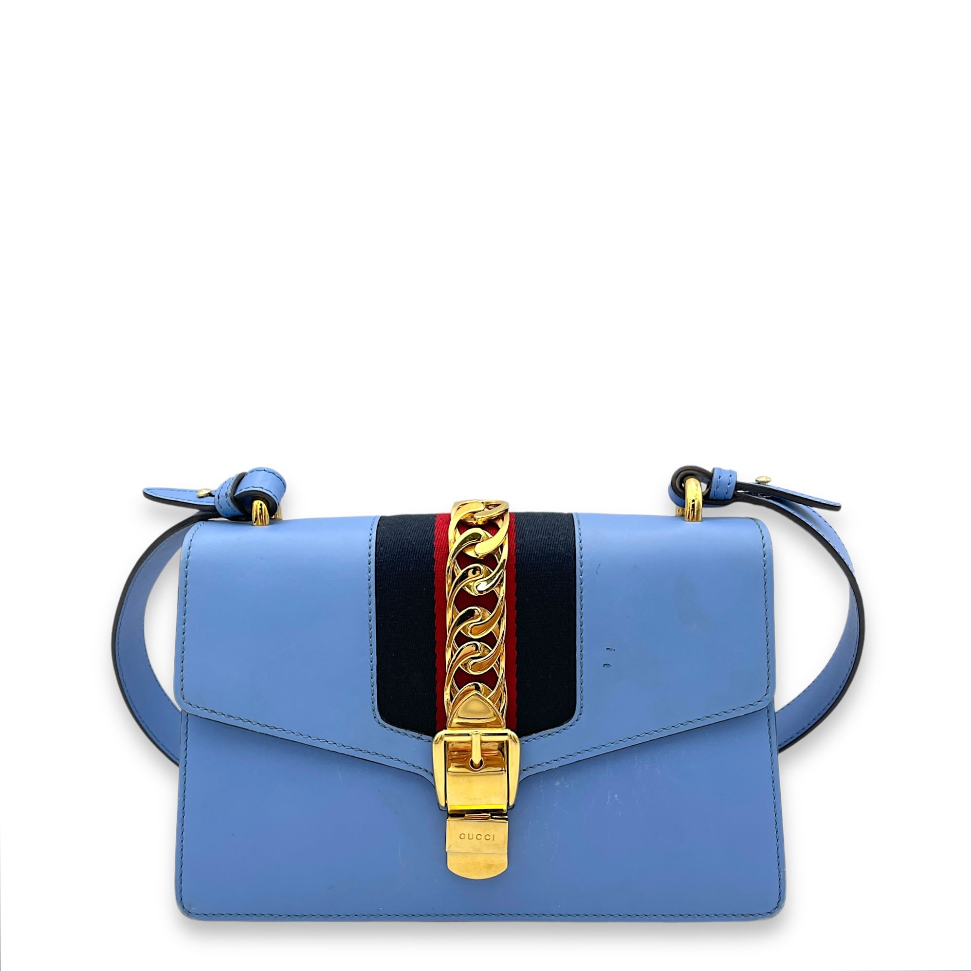 Sylvie Small Blue Shoulder Bag in Calfskin, Gold hardware