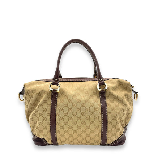 Horsebit Nail Boston  Top Handle Bag Brown in Canvas, Gold hardware