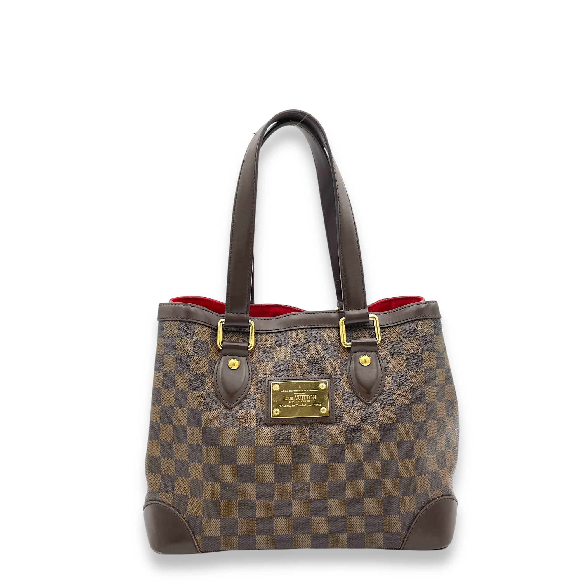 Hampstead PM Damier Ebene Top Handle Bag in Coated Canvas, Gold hardware