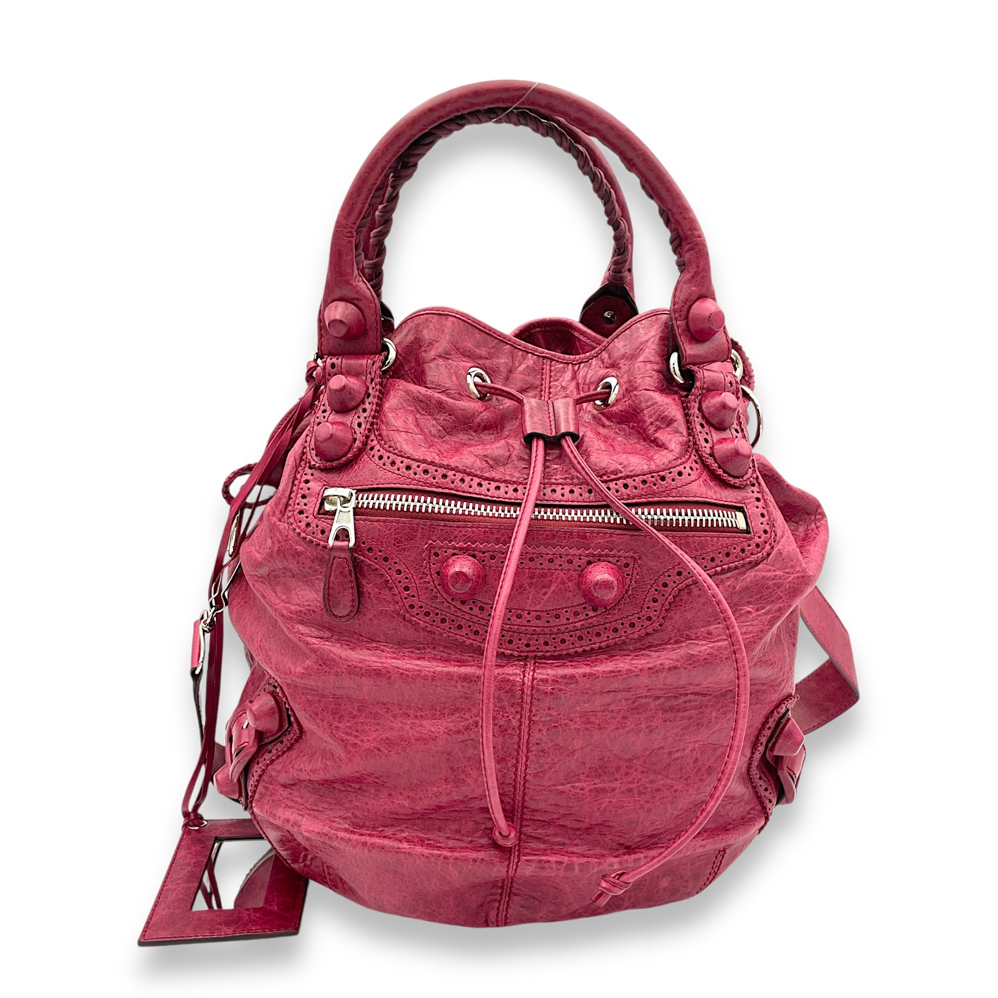 PomPon Red Top Handle Bag in Distressed Leather, Silver hardware