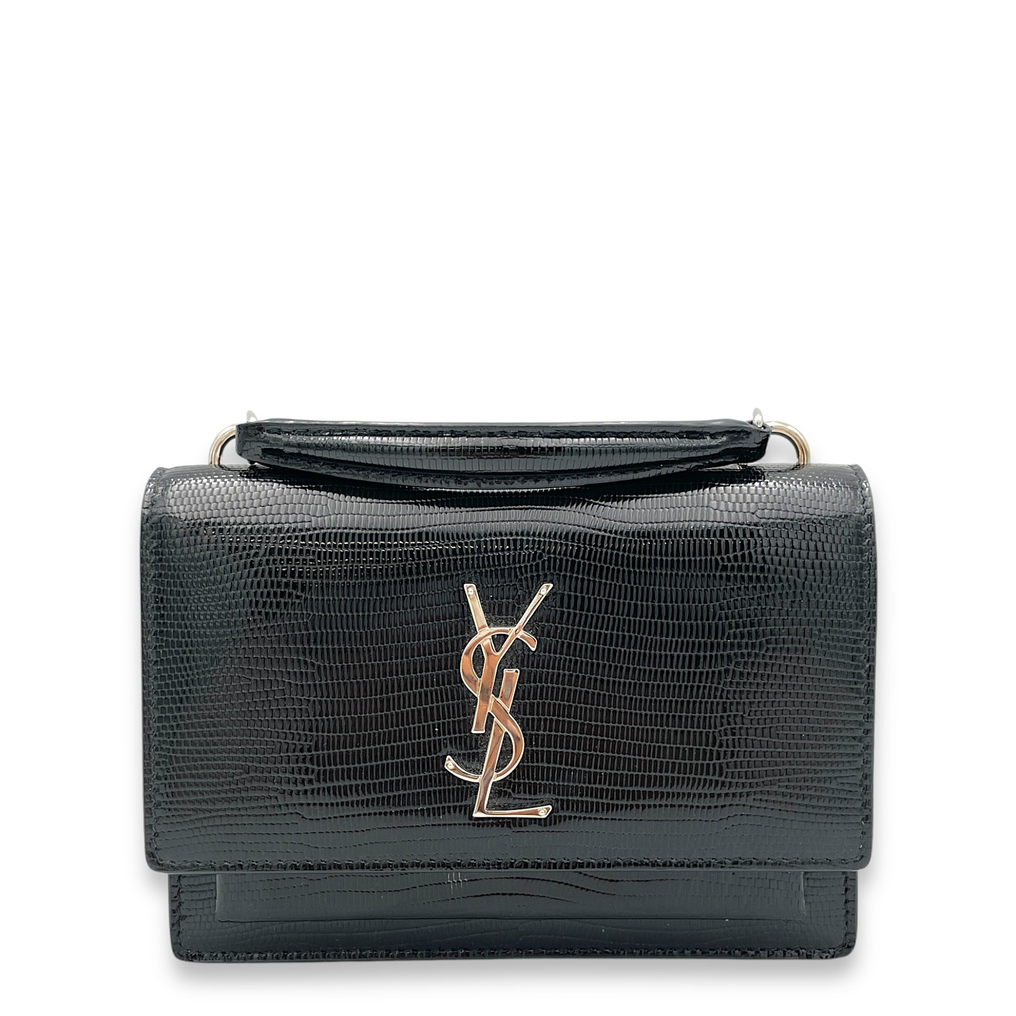 Sunset Black Crossbody Bag in Lizard Embossed, Silver hardware