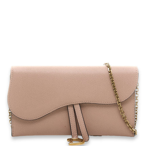 Saddle Beige Wallet On Chain in Calfskin, Gold hardware