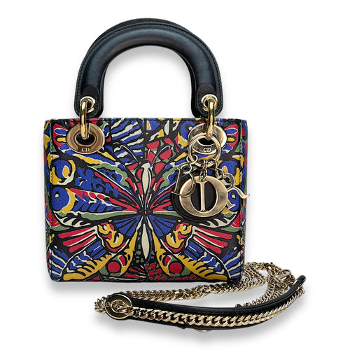 Butterfly Print Lady Dior mini Top handle bag in Calfskin, Gold Hardware