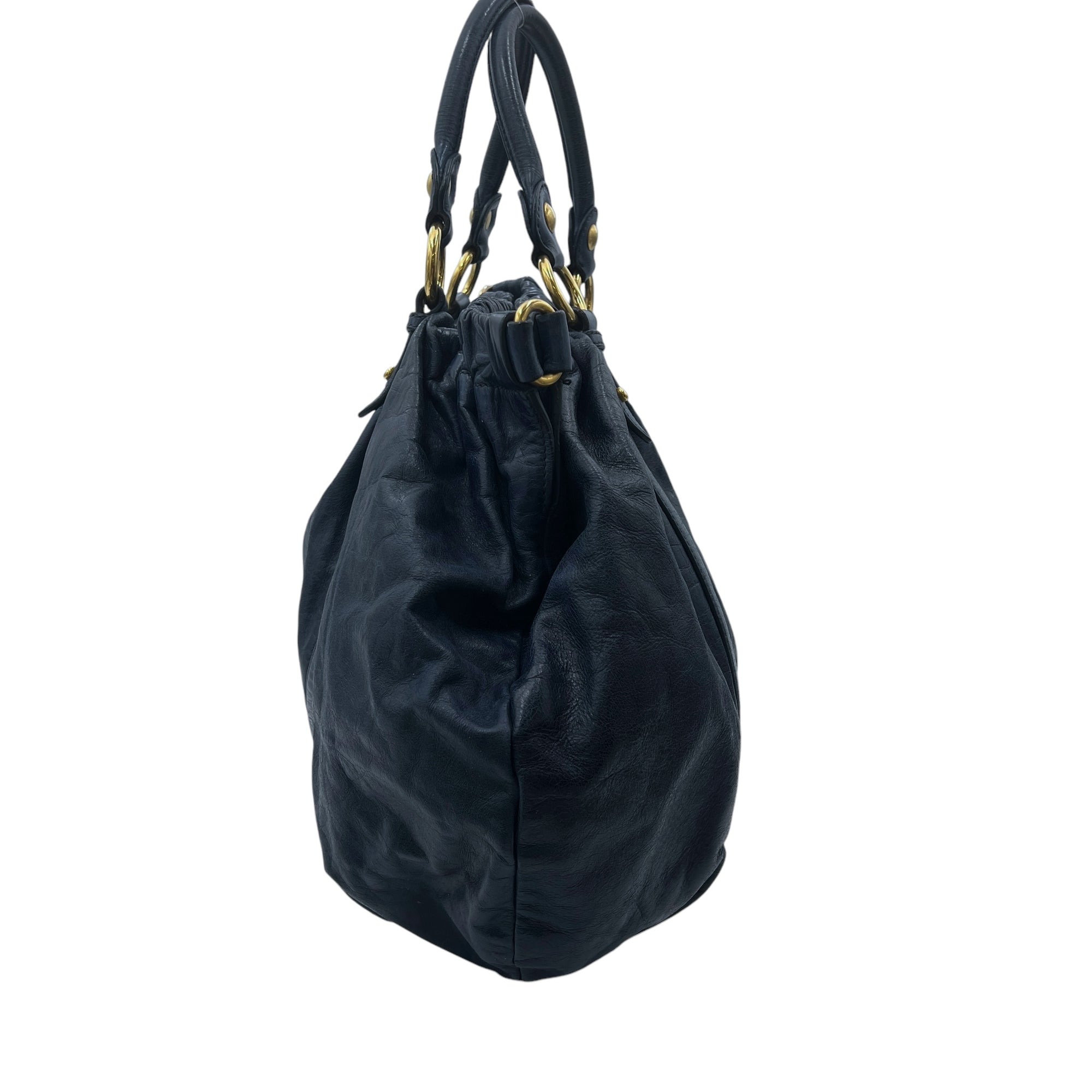 Vitello Lux Blue Top Handle Bag in Distressed Leather, Gold hardware