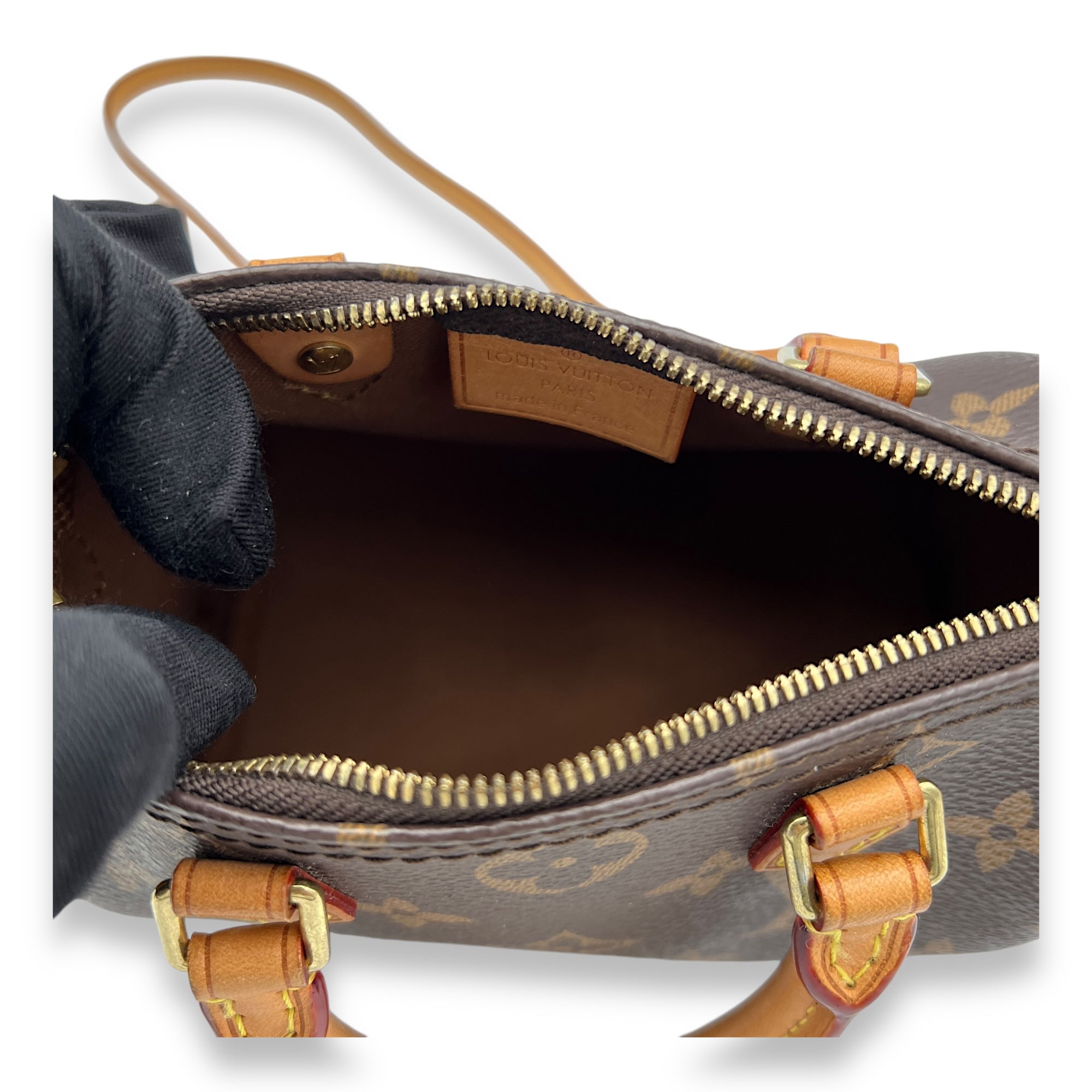 Speedy Bandouliere Nano Brown Top Handle Bag in Monogram Coated Canvas, Gold hardware