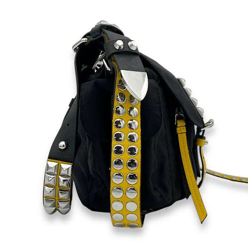 Studded Crossbody Bag Small Black in Nylon, Silver hardware