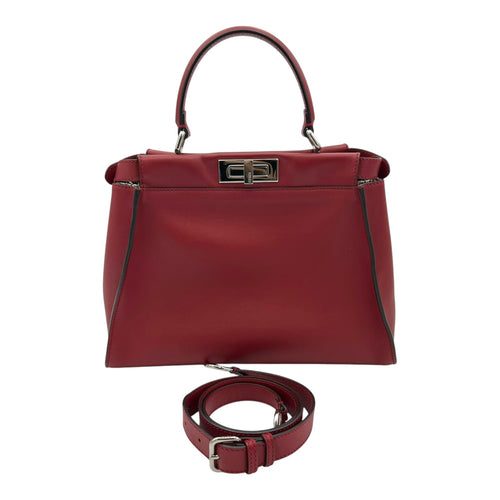 Peekaboo Medium Red Top Handle Bag in Calfskin, Silver hardware