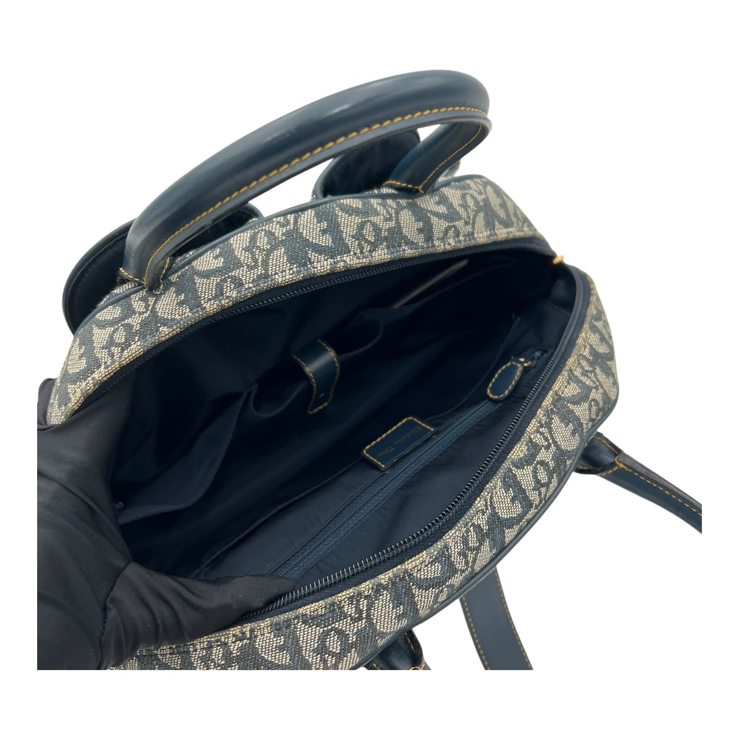 Saddle Bowling Blue Top Handle Bag in Jacquard, Gold hardware