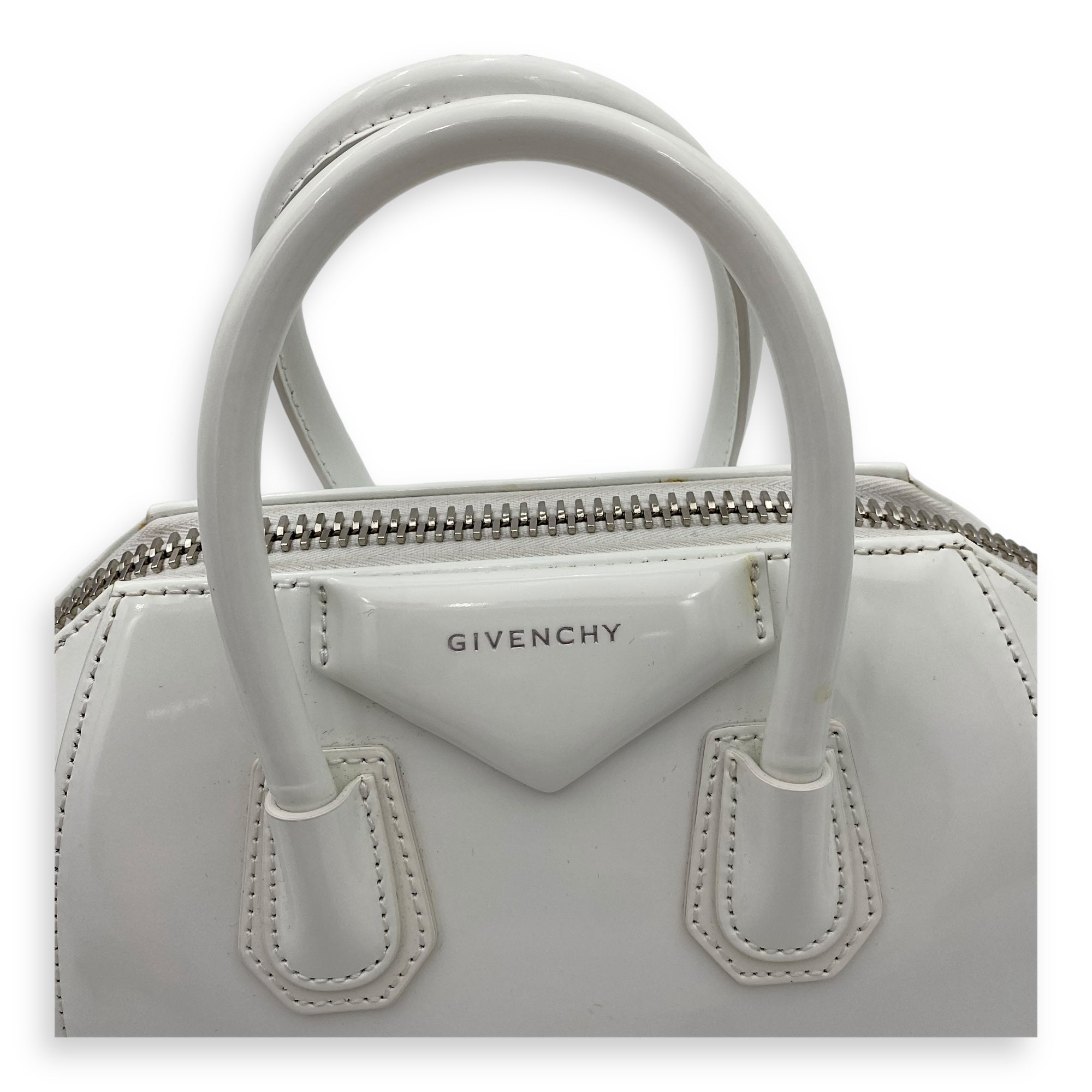 Antigona Mini White Top Handle Bag in Patent Leather, Silver hardware