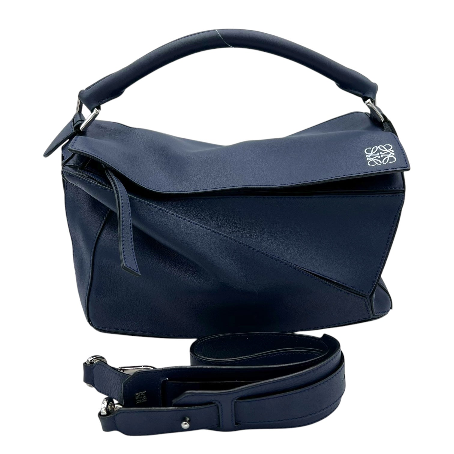 Puzzle Medium Blue Top Handle Bag in Calfskin, Silver hardware