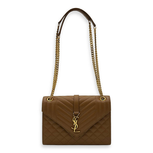 Envelope Medium Brown Shoulder Bag in Calfskin, Gold hardware