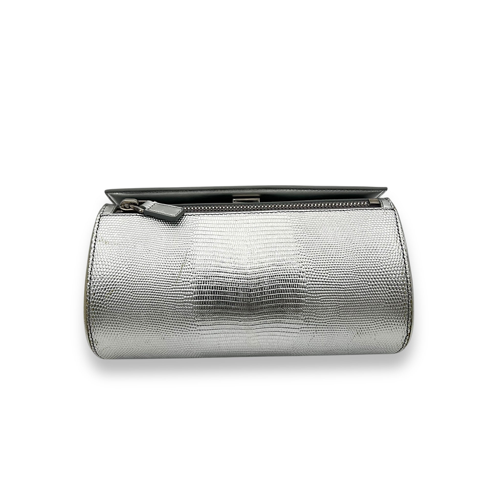 Pandora Box Medium Silver Crossbody Bag in Lizard Embossed Calfskin, Silver hardware