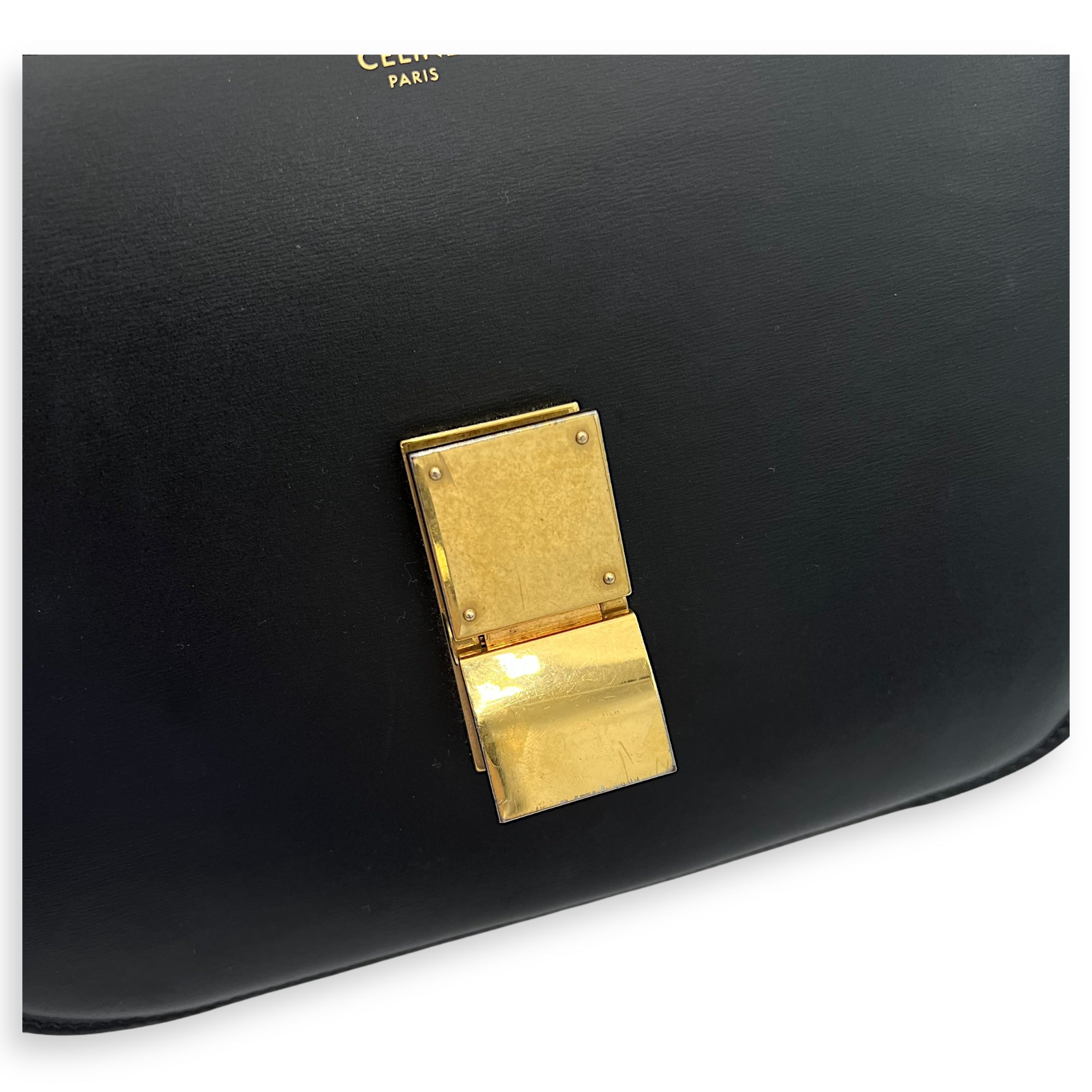 Celine Box Shoulder Bag Black in Calfskin, Gold hardware_7