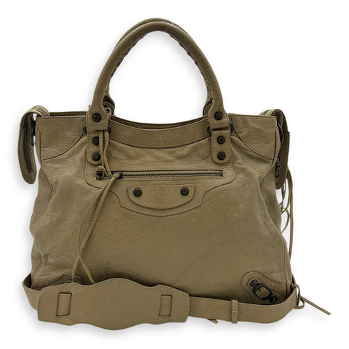 Balenciaga Velo Top Handle Bag Beige in Distressed Leather, Gunmetal hardware_12