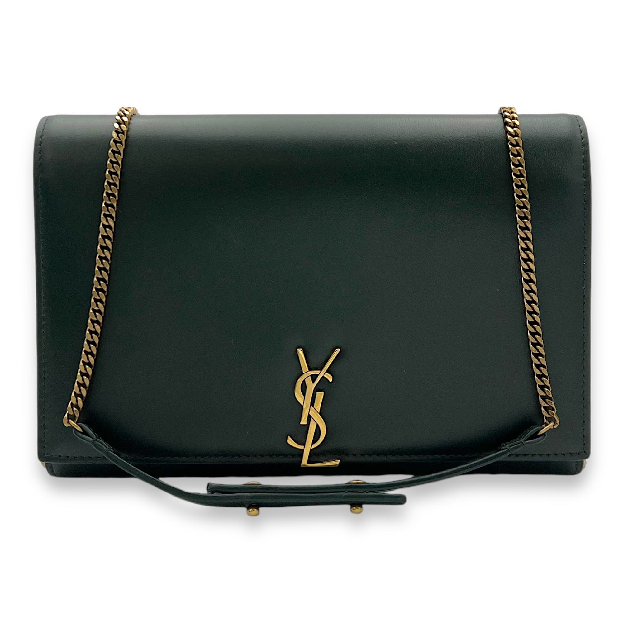 Saint Laurent Logo Wallet On Chain Green in Calfskin, Gold