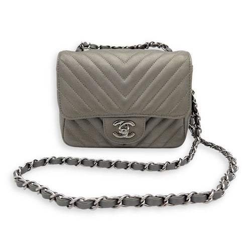 Chanel Chevron Square Mini Grey Crossbody Bag in Canvas, Silver hardware_12