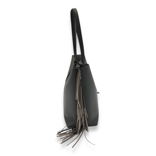 Saint Laurent East West Shopping Fringe Tote Bag Grey in Calfskin, Silver hardware_4