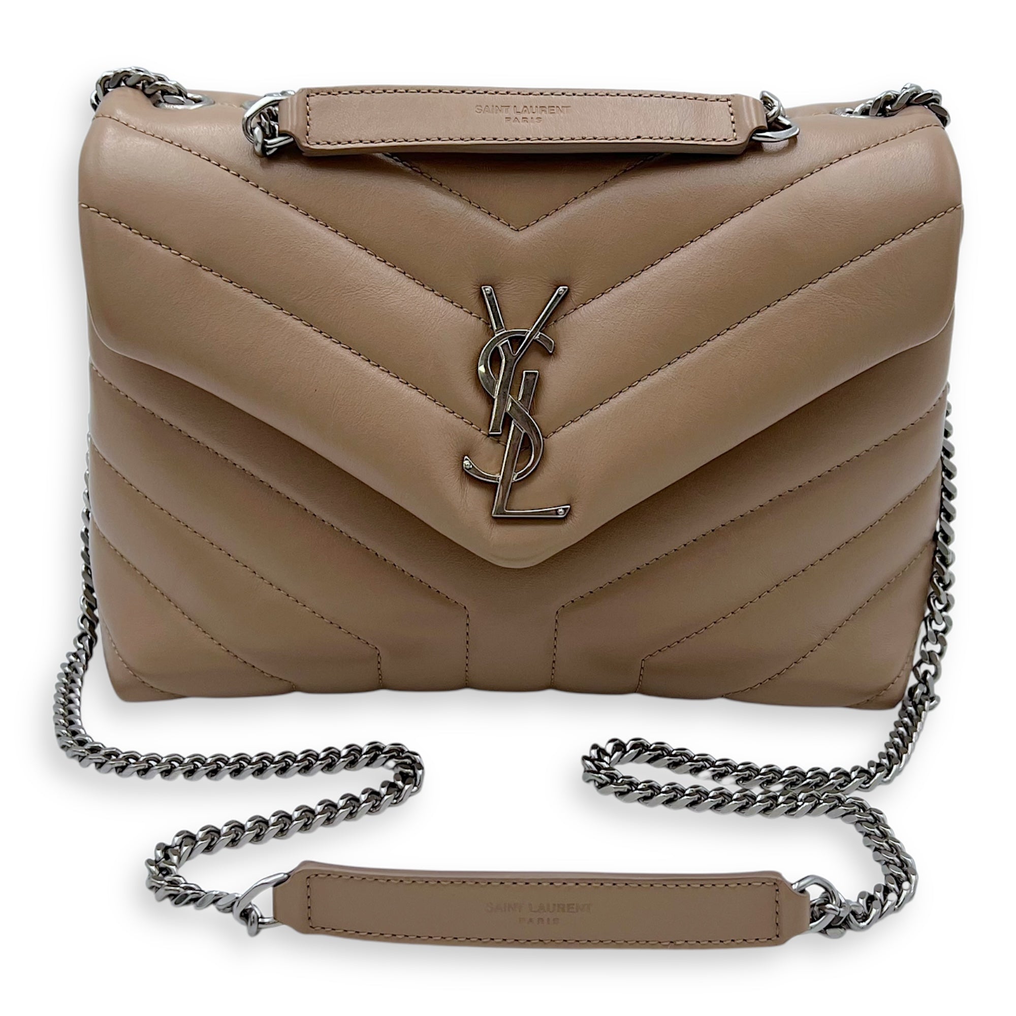 Saint Laurent Loulou Small Beige Shoulder Bag in Calfskin, Silver hardware_12