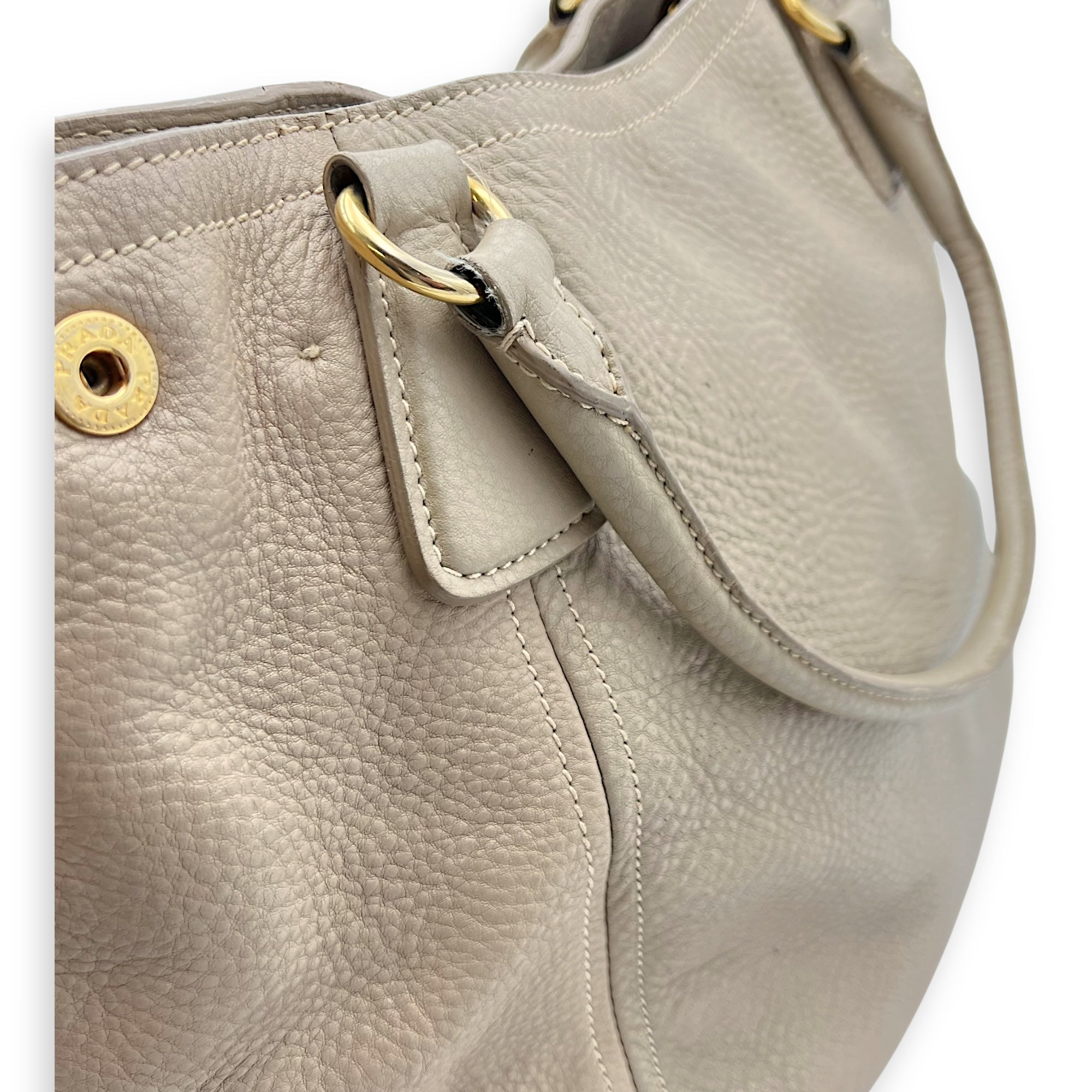 Prada Logo Top Handle Bag Beige in Calfskin, Gold hardware_10