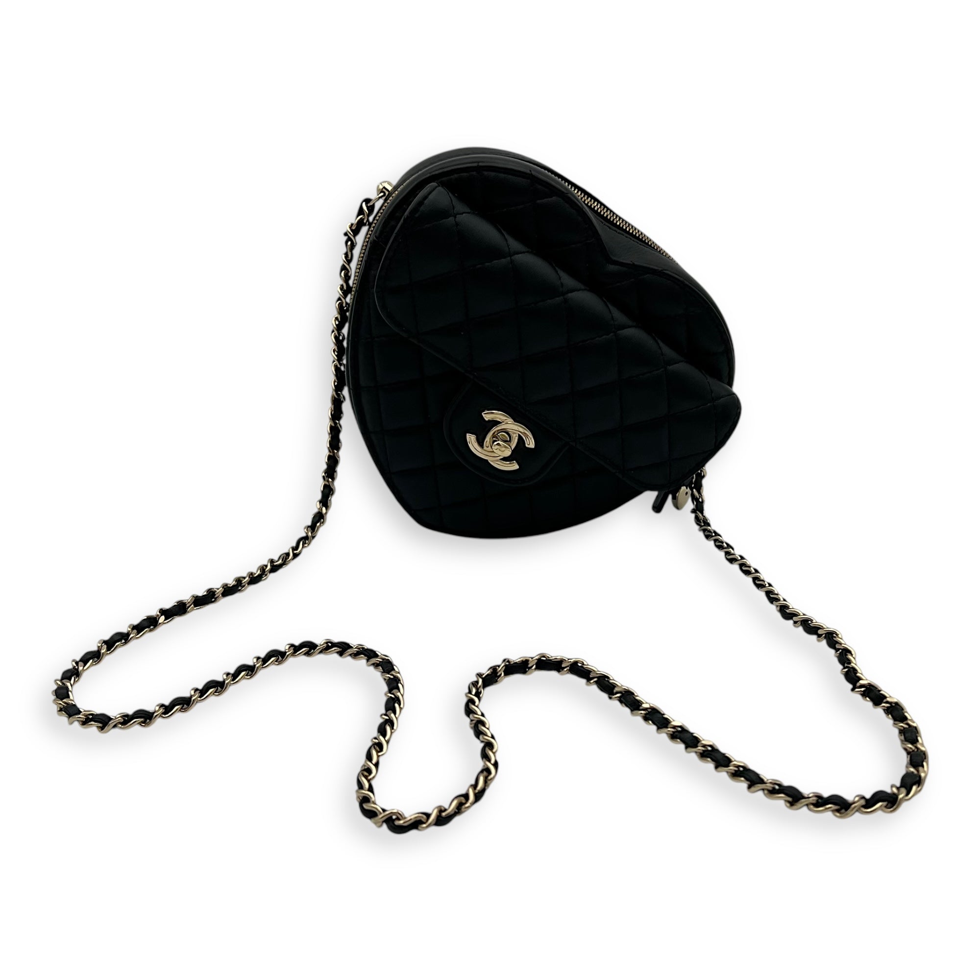 Chanel Heart Medium Black Crossbody Bag in Lambskin, Gold hardware_11