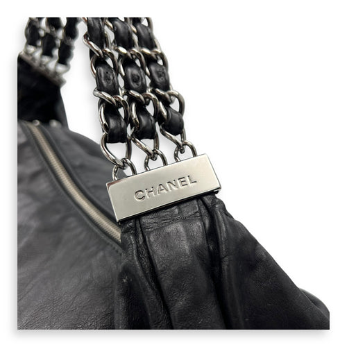 Chanel Triple Chain Shoulder Bag Black in Calfskin, Silver hardware_11