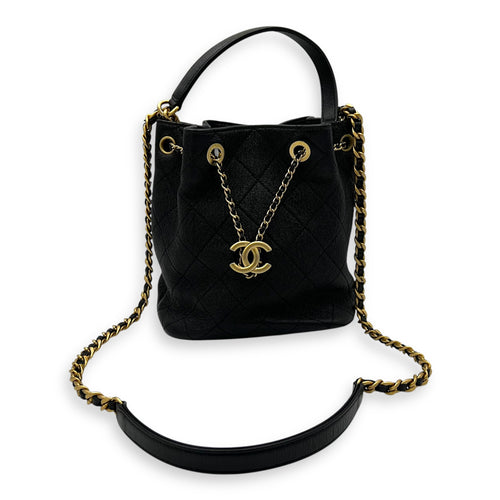 Chanel Quilted Drawstring CC Black Bucket Bag in Calfskin, Gold hardware_12