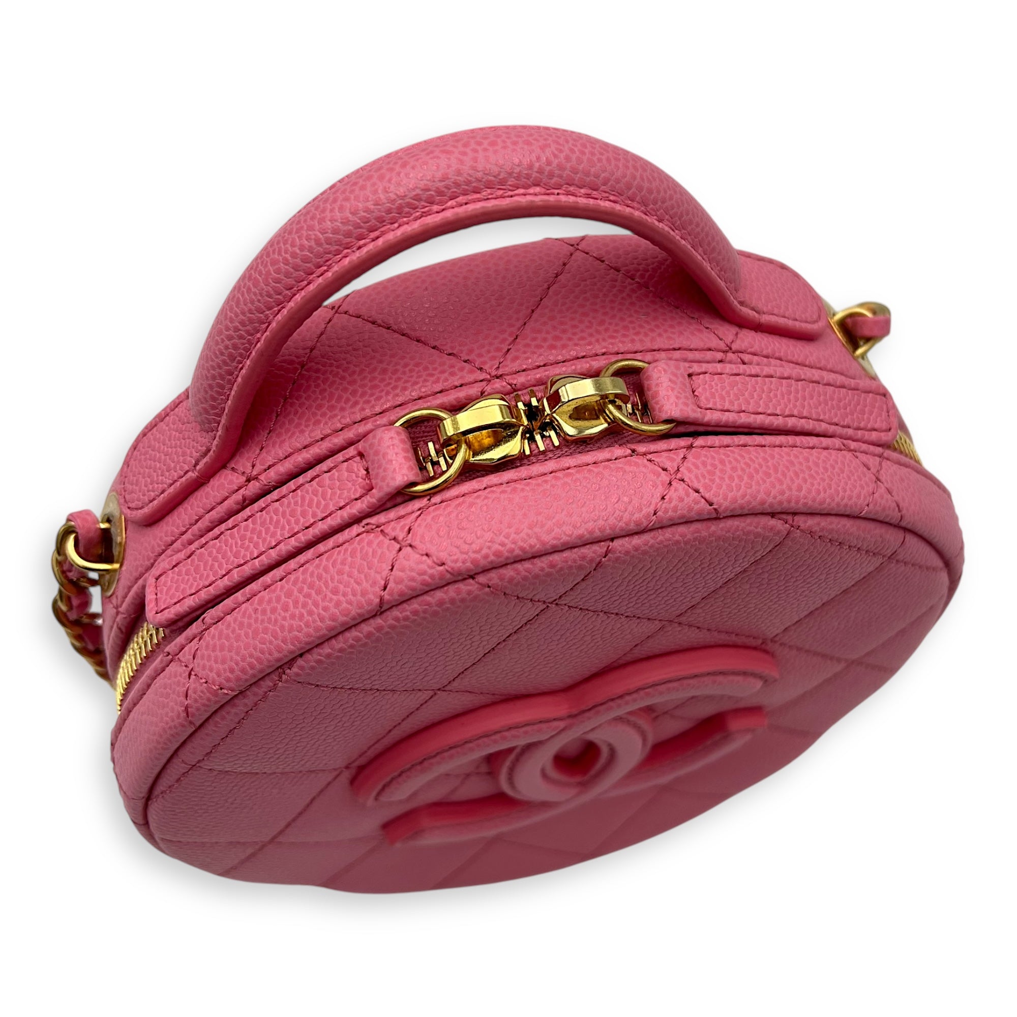 Chanel Round Crossbody Bag Pink in Caviar Leather, Gold hardware_8