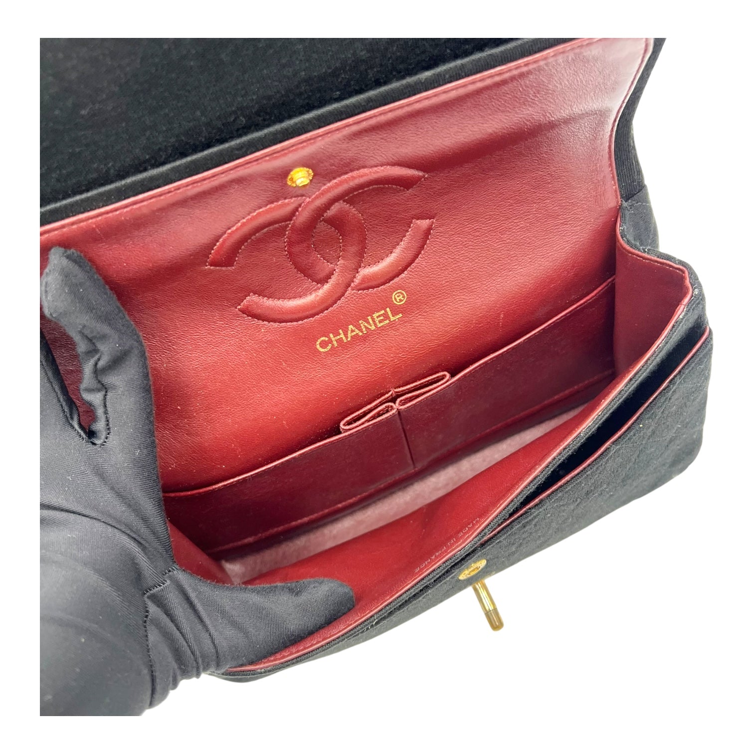 Chanel Classic Shoulder Bag Black in Jersey, Gold hardware_12