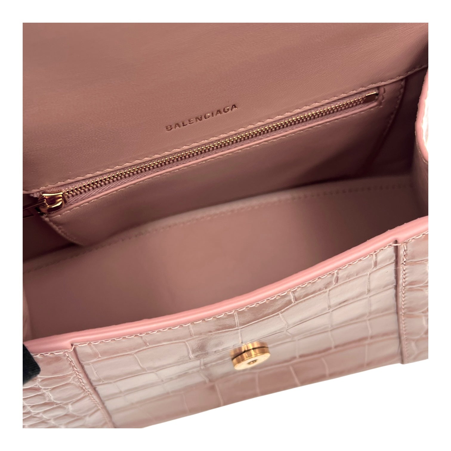 Balenciaga Hourglass Top Handle Bag Beige in Crocodile Embossed Calfskin, Silver hardware_12